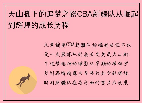天山脚下的追梦之路CBA新疆队从崛起到辉煌的成长历程
